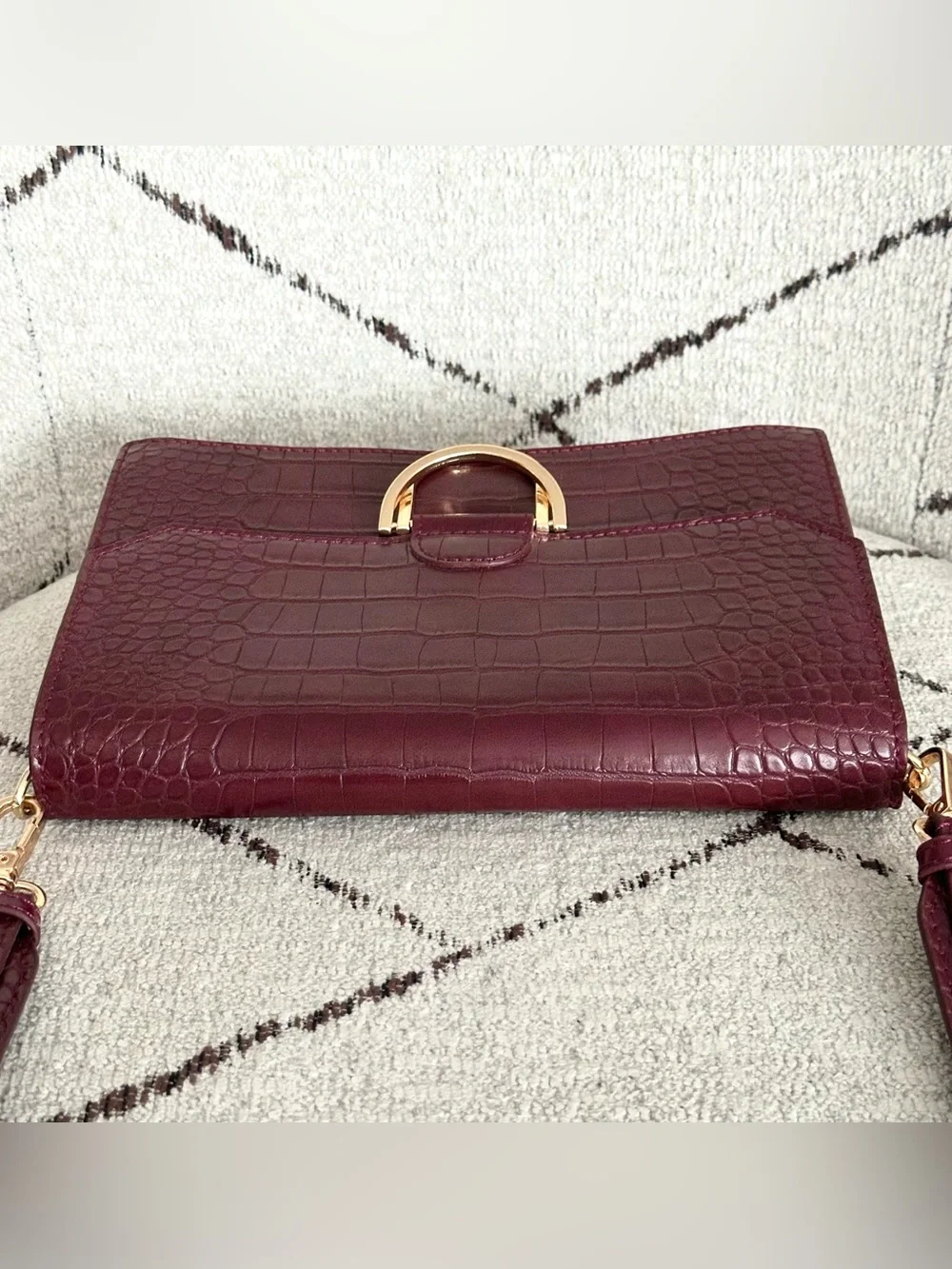 Madison West Croc-Embossed Wine Shoulder Bag with Gold Hardware